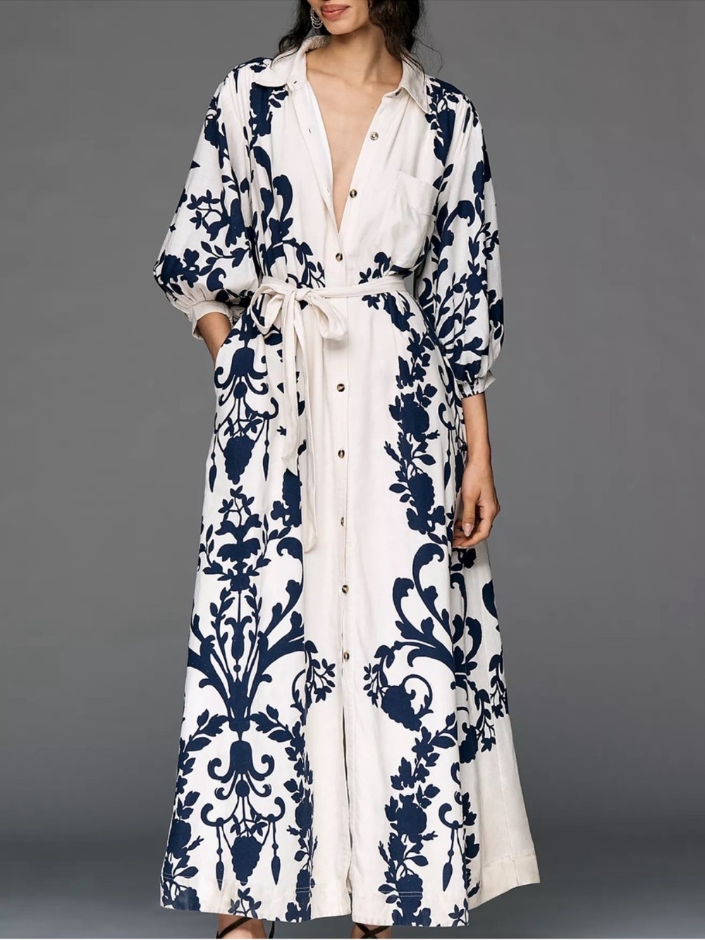 Maeve Cream Maxi Shirt Dress with Navy Floral Print